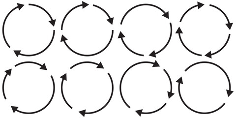 Set of circle arrows rotating on white background. Refresh, reload, recycle, loop rotation sign collection. Black circle arrows for infographics, web design. Vector illustration, flat style, clip art