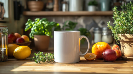 A white mug sits on a wooden table with fruit, herbs, and a jar of seeds in the background. The mug is ready to be filled with a warm beverage for a relaxing moment.