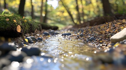 Fototapeta premium A small stream flows through a forest in the fall, with fallen leaves and rocks on the banks.