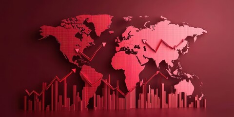 Abstract World Map with Red Financial Graphs Illustrating Global Trends and Economic Growth on a Deep Red Background