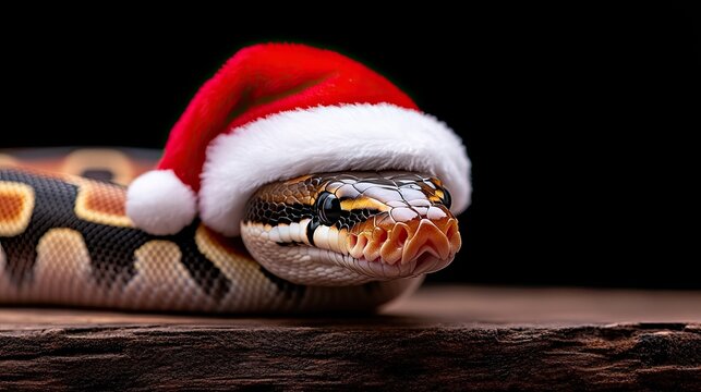 A festive ball python donning a Santa hat against a dark backdrop with captivating studio lighting