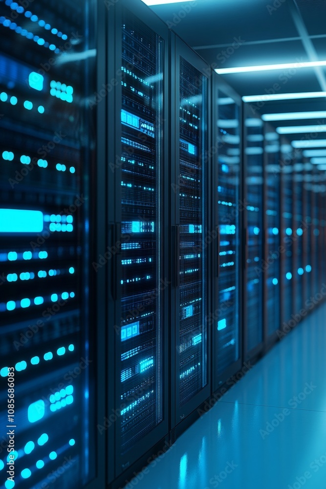 Poster expansive server room showcasing black and blue mainframe computers for cloud computing services