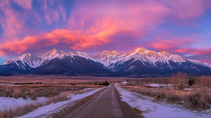 Stunning sunset over snow-capped mountains along a dirt road in Colorado during early winter