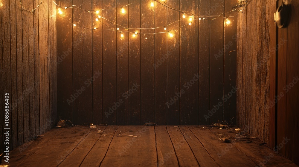 Aufkleber warm and inviting cozy rustic wood interior with soft ambient string lights creating an intimate and