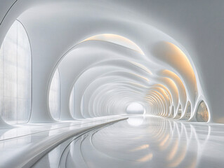 Fototapeta premium a modern architectural structure with a curved white facade and large glass windows, situated near a reflective body of water during sunset.