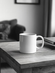 Fototapeta premium A white coffee mug sits on a wooden table, a simple and inviting scene.