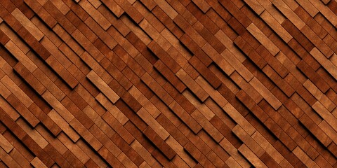 Close up of randomly offset diagonal wooden short oblong rectangle blocks surface background texture or hardwood wallpaper template, flat lay top view