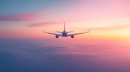 Airplane Flying Through Pink Sunset Clouds