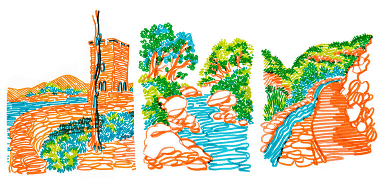 Sketch of a landscape with a castle , a river and a road point in southeast France. Hand drawn. Colorful illustration with drawing pen.