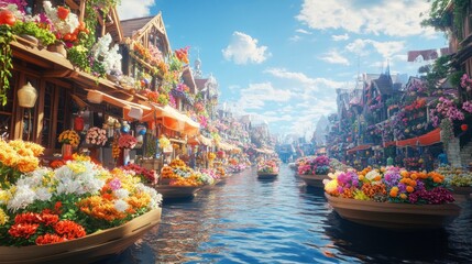 Obraz premium A picturesque canal lined with colorful flowers and charming buildings under a bright blue sky.