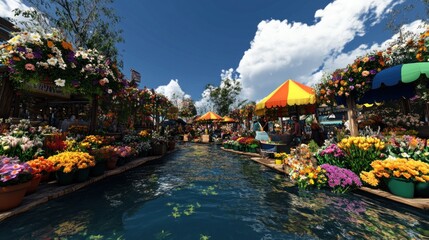 Naklejka premium A bustling flower market with colorful stalls lining a narrow canal.