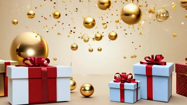 merry Christmas Happy New Year background video realistic festive gifts gold baubles glittering confetti holiday decorations 4k perfect creating greetings box vector gift illustration design present