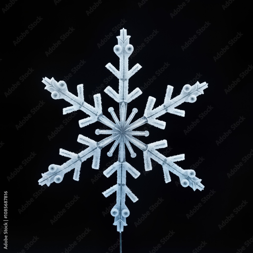 Poster detailed close-up macro photo of large decorative snowflake against black backdrop. ornate snowflake