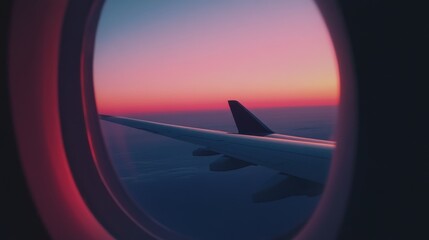 Airplane Wing and Sunset Through an Airplane Window