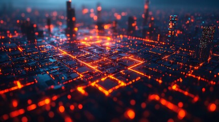 Obraz premium Futuristic cityscape featuring illuminated digital pathways connecting structures vibrant data flows illustrating urban connectivity