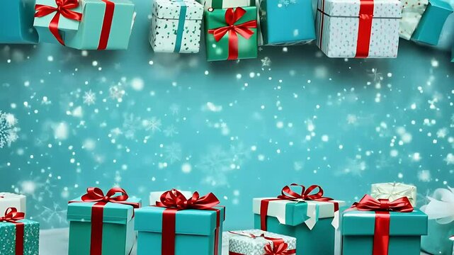 horizontal background video featuring colorful gifts snow bows ribbons creating vibrant joyful atmosphere holiday celebrations New Year festivities gift colours bow ribbon celebration turquoise