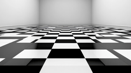 modern black and white checkerboard floor design creates striking visual effect in minimalist room. geometric pattern adds depth and interest to space