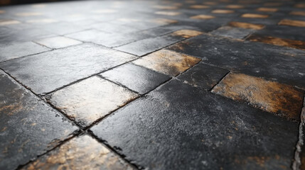 Fototapeta premium Textured stone floor with dark and light tiles creating unique pattern. surface reflects light, adding depth and character to design