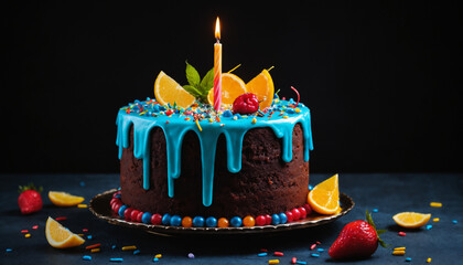 birthday cake, on a vibrant dark background , bring out the color of the drink