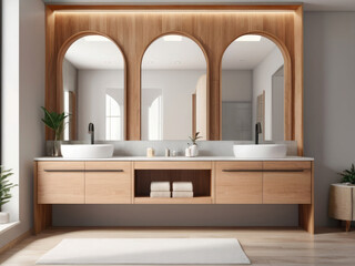 Modern bathroom with wooden cabinets, dual sinks, and arched mirrors, light background. Contemporary home or hotel concept. 3D Rendering