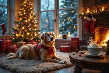 Pisesek w czerwonej obroży, w tle świąteczne dekoracje: choinka, kominek, girlandy. Przytulna atmosfera Bożego Narodzenia w luksusowym wnętrzu.