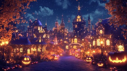 A quaint town with glowing pumpkins and fairy lights on a starry night.