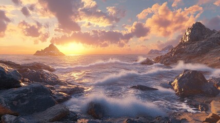 Fototapeta premium A scenic view of a rocky coastline with crashing waves and a bright sunset in the background.