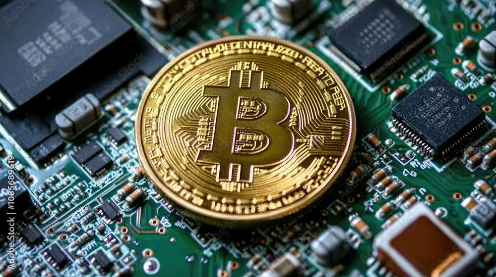 Poster golden bitcoin coin resting on a circuit board, symbolizing the intersection of technology and crypt