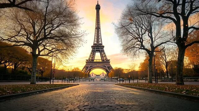 1_Eiffel Tower at Sunset Framed by Autumn Trees in Paris