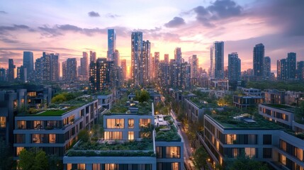 Obraz premium A modern cityscape with green roofs at sunset.