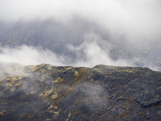 A typical autumn foggy landscape in the Khibiny Mountains in early autumn on the Kola Peninsula in the Arctic Circle