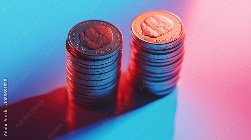 Poster stacked coins with gradient lighting creating shadows and reflections in blue and red, capturing the