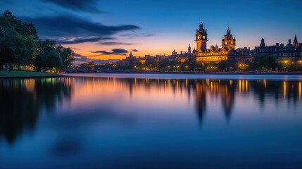 Fototapeta premium twilight view of a cityscape reflected in water, showcasing architectural beauty.