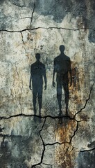 Eerie grungy horror texture background with cracked concrete and merging shadowy figures