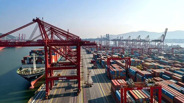 Aerial View of Busy Cargo Port with Cranes and Docked Ships