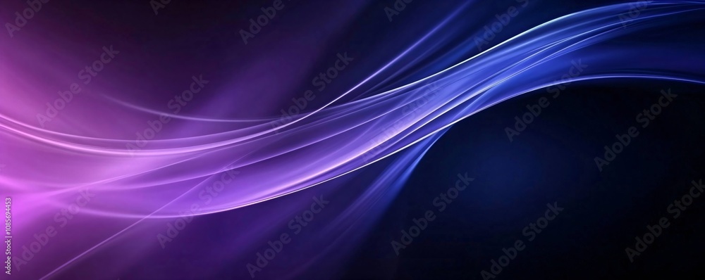 Poster 3d neon purple and violet flowing neon light rays waves and lines on black background. digital data 