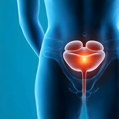 A 3D medical illustration highlighting the human bladder with inflammation, shown in red, within a transparent anatomical body on a blue background.  
