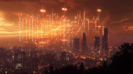 City skyline at sunset illuminated by glowing charts and stock symbols representing financial activity