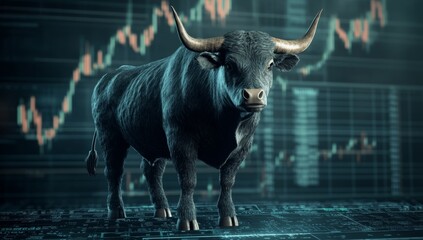 Front View of Bull Standing on Bitcoin Logo with Stock Market Charts in Background