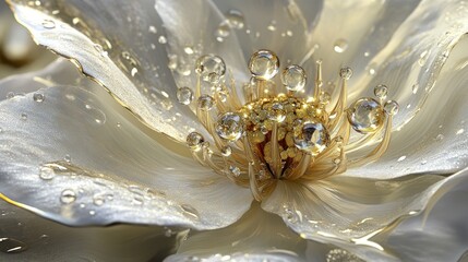 Close-up of a white flower with water droplets on its petals and stamen, illuminated by sunlight.