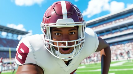 Dynamic football action in stadium captures athlete's intensity and focus