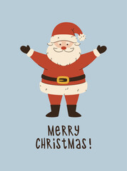 Merry Christmas greeting card. Colorful design with santa claus and typography.