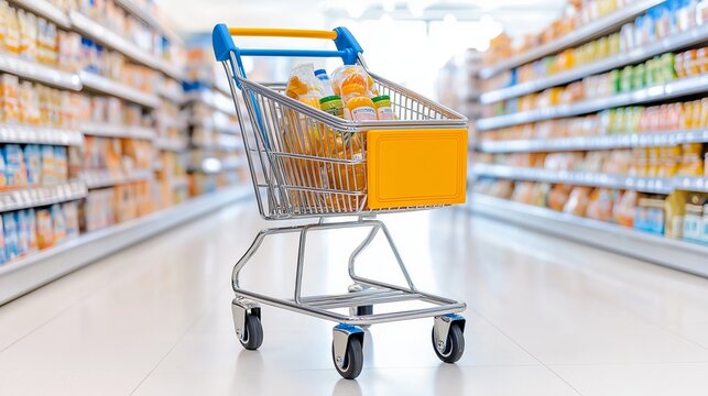 Grocery shopping cart filled with products in a supermarket aisle