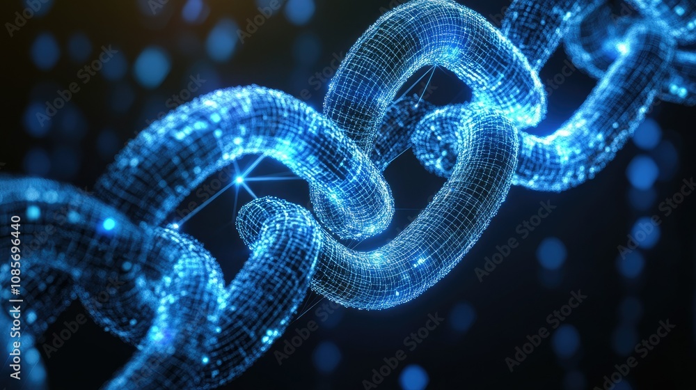 Poster futuristic digital chain link concept visualizing blockchain technology with blue light effects and 