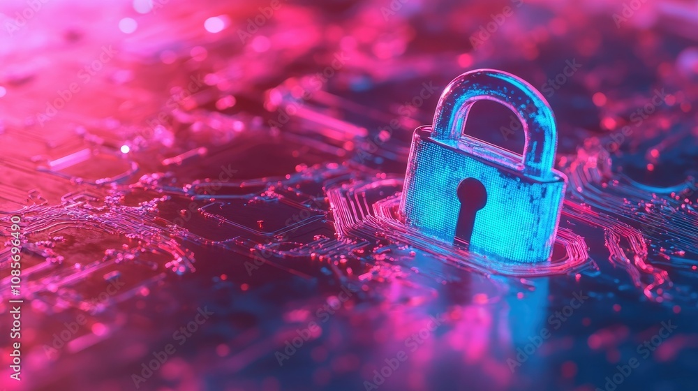 Poster modern digital lock symbolizing cybersecurity on circuit board background with colorful lighting, re