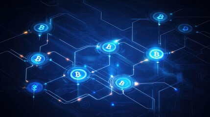 Fototapeta premium Digital Cryptocurrency Network Concept with Bitcoin Symbols and Futuristic Connections, Representing Blockchain Technology and Financial Innovation on a Dark Background
