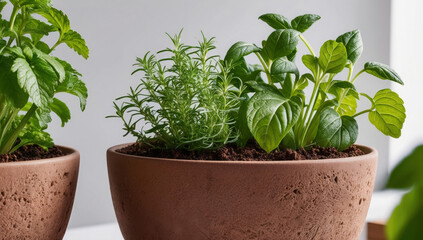 Fototapeta premium Two potted plants with herbs in them sit on a table, brown pots and are surrounded by dirt. The herbs are green and healthy.