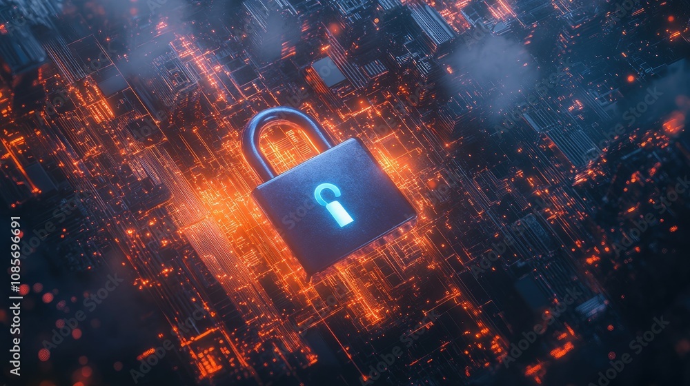 Poster digital security concept featuring a locked padlock set against a futuristic cityscape with neon lig
