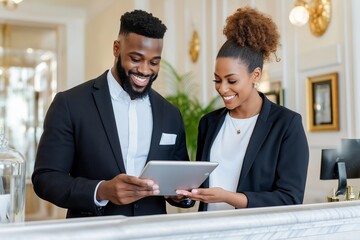 Business professionals discuss strategies using tablet in modern office lobby