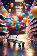 A shopping bag and a shopping cart with balloons and confetti in colored background